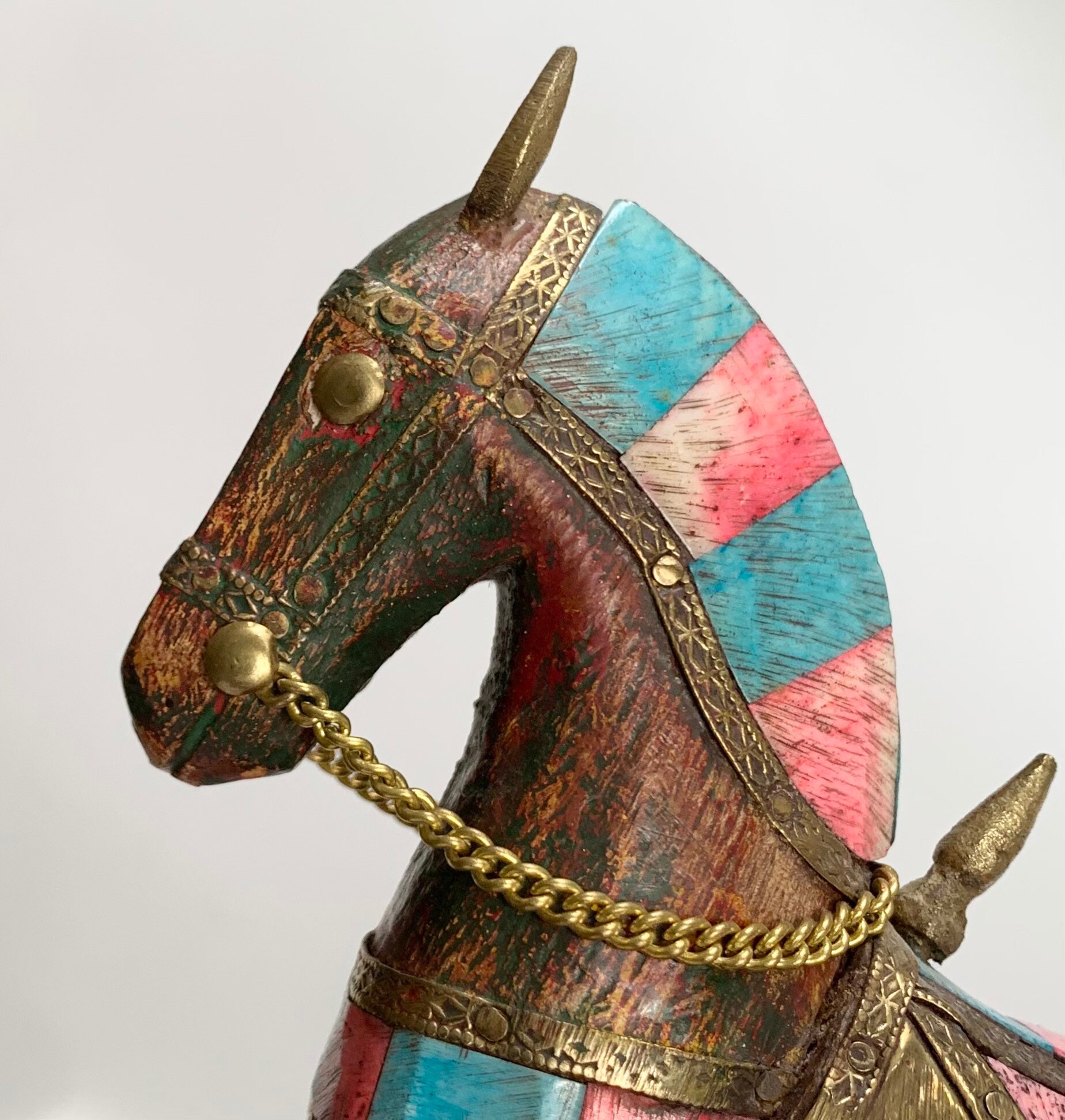 Wooden Trojan Horse Statuette Statue Figurine Vintage Handmade Colored