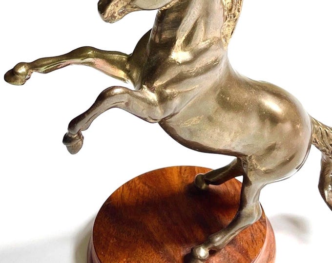 Vintage Brass Horse Statue on Wood Base Mid Century Equestrian Decor