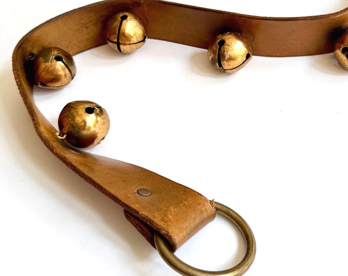 Vintage Brass Jingle Bells on Cowhide Leather Strap Holiday Decor