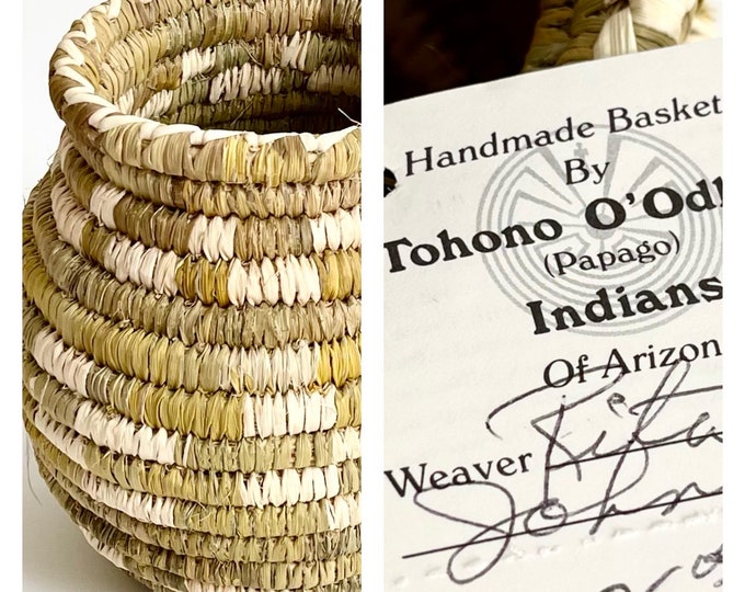 Tohono O'Odham Basket Bowl Pot Signed by Weaver Rita Johnson Arizona Handmade Native American Papago Baskets Original Tag