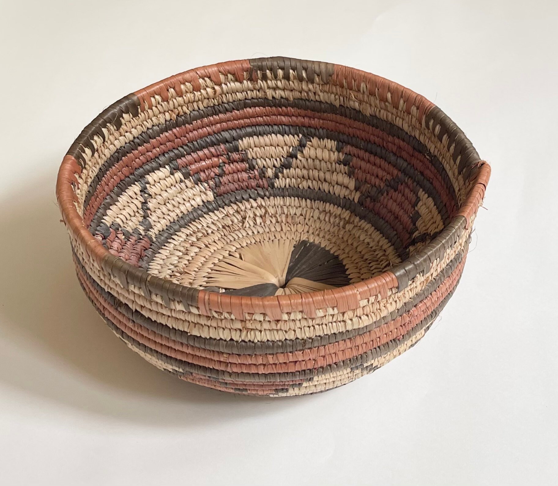 Handmade African Basket Bowl Vintage Faded Round Circle Woven African
