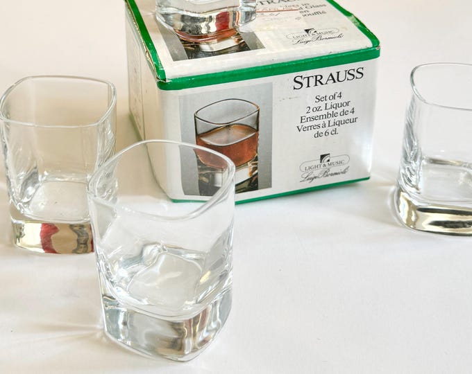 Vintage Liquor Glasses Set of 4 Clear Glass Cordial Shot Glasses in Original Box Strauss Luigi Bormioli Holiday Hostess Christmas Gift