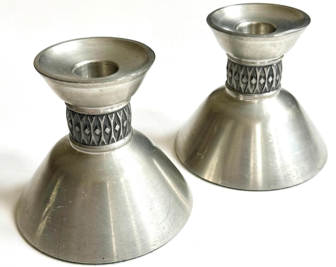 Vintage Måstad Norway Pewter Candlestick Holders Scandinavian MCM Pair of Silver Tone Candle Holders Minimalist Sleek Sculptural