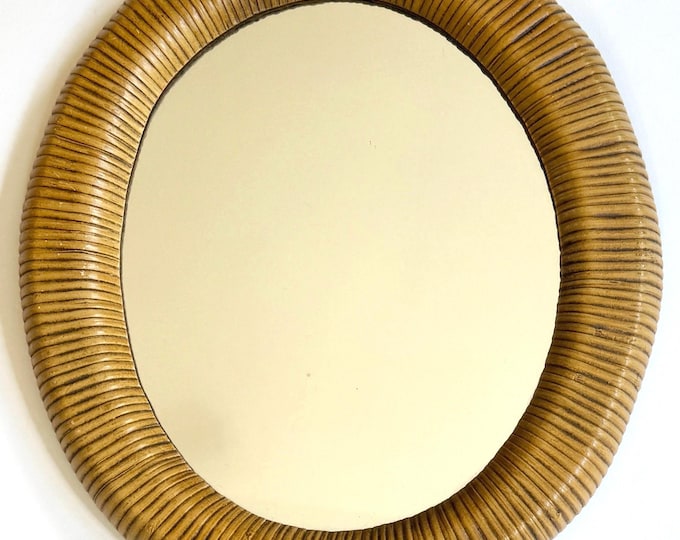 Lucid Lines Rattan Mirror 1976 1977 Vintage Mid Century Oval Mirror Rattan Wrapped Frame Small Table Wall Mirror Culver City California