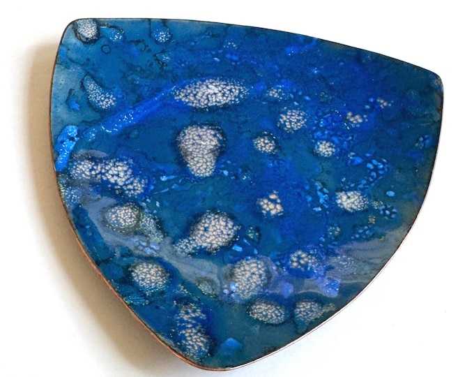 Signed MCM Enamel Dish Ashtray Tray Mid Century Blue Copper Gold Fleck Artist Signed Triangle Decorative Dish