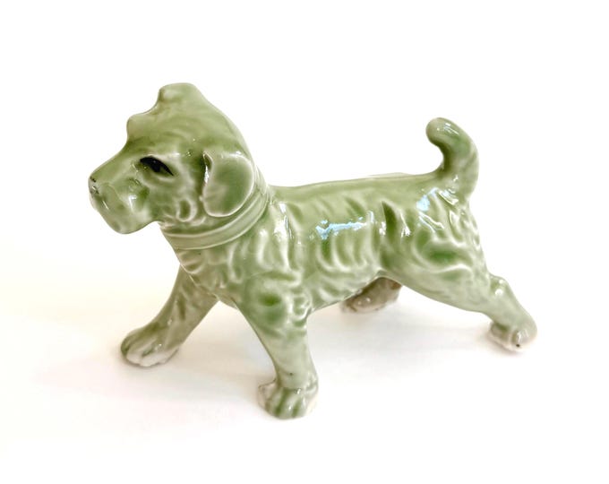 Green Celadon Dog Figurine Vintage Mid Century Glazed Ceramic Retriever Hunting Dog Made in Japan