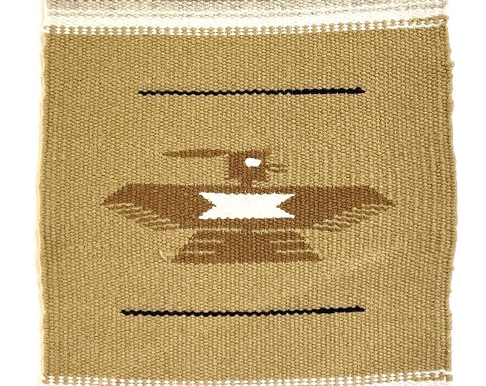 Vintage Chimayo Thunderbird Weaving Handwoven Wool Table Runner Mat Wall Hanging Original Chimayo Blanket Weavers Label Neutral Earth Tone