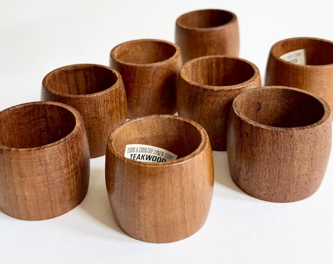 Teak Wood Napkin Rings Holders Mid Century MCM Sculptural Set of 8 Dark Wood Napkin Rings Made in Hong Kong for Town & Country Linen Corp