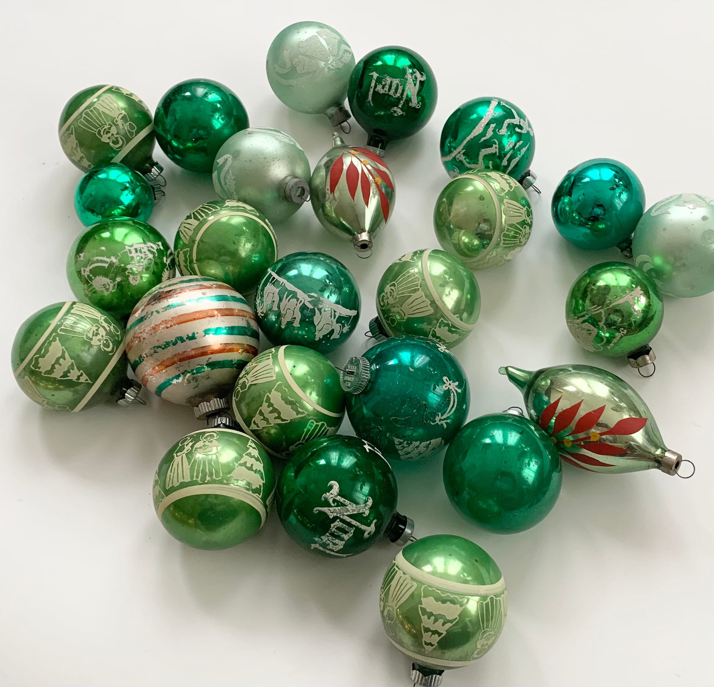 Vintage Green Glass Ornaments Mixed Lot of 25 Green Silver Tone