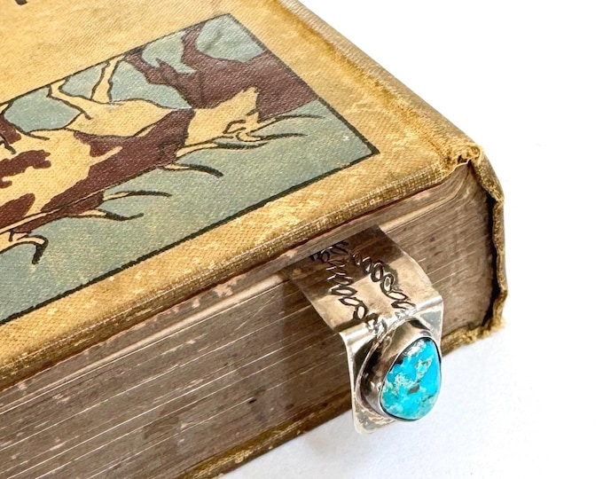 Navajo Turquoise Bookmark Sterling Silver Vintage Signed Native American Handcrafted Snake Jaw Stamped Silver Book Lover Bibliophile Gift