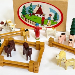 Vintage German Wooden Farm Toy Set - East Germany Dregeno - Animals & Figures