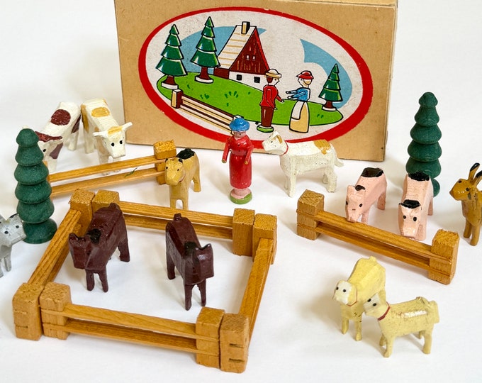 German Wooden Toy Set East Germany Original Box Rare Set Wood Farm Town People Animal Cow Pig Horse Sheep Figures