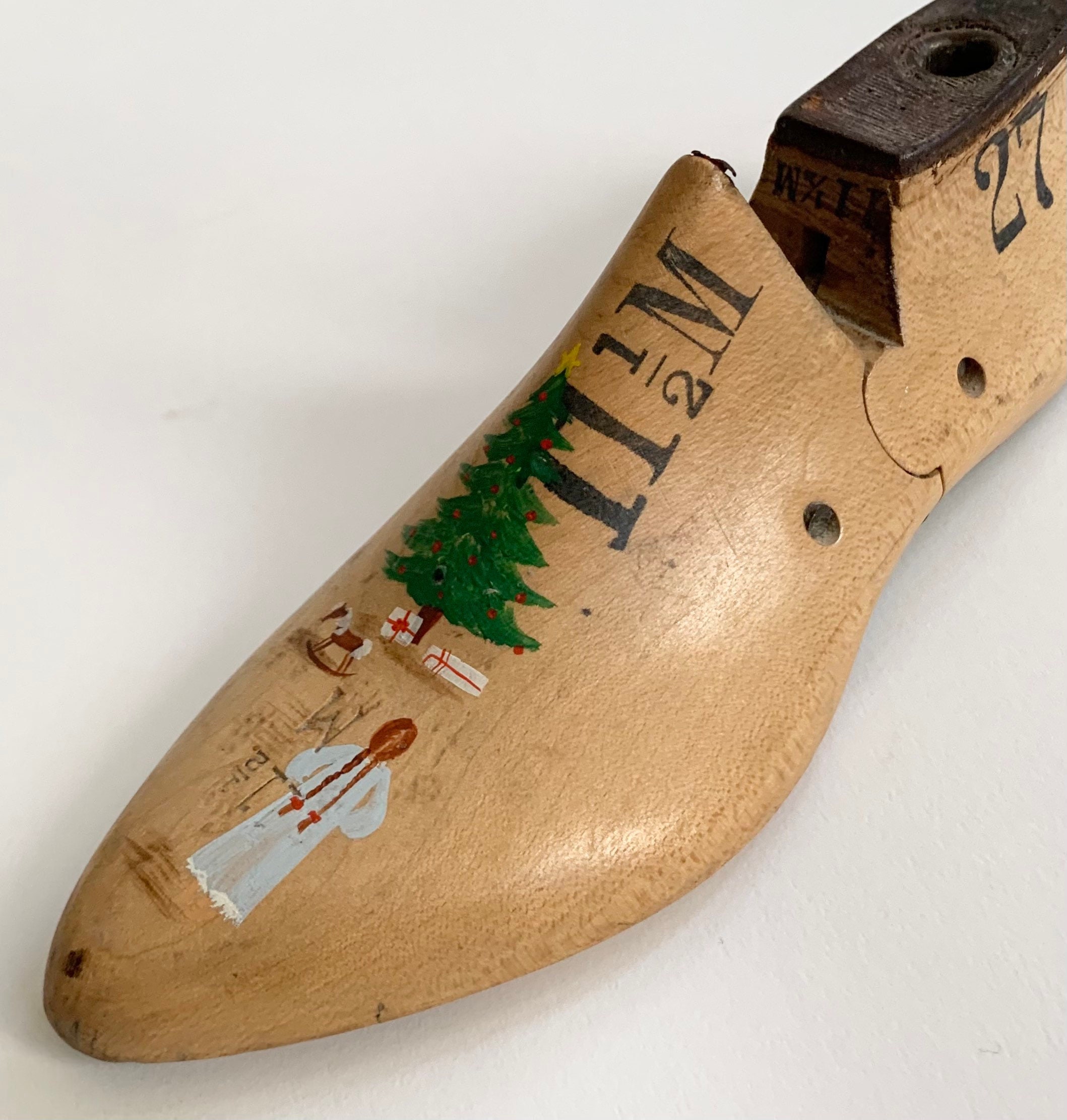 Antique Wooden Shoe Form Hand Painted Christmas Tree Girl Rocking Horse