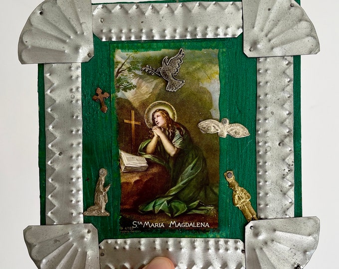 Folk Art Saint Retablo Art Punched Tin Green Painted Wood Mexican Religious Art Santa Maria Magdalena Image Metal Milagros
