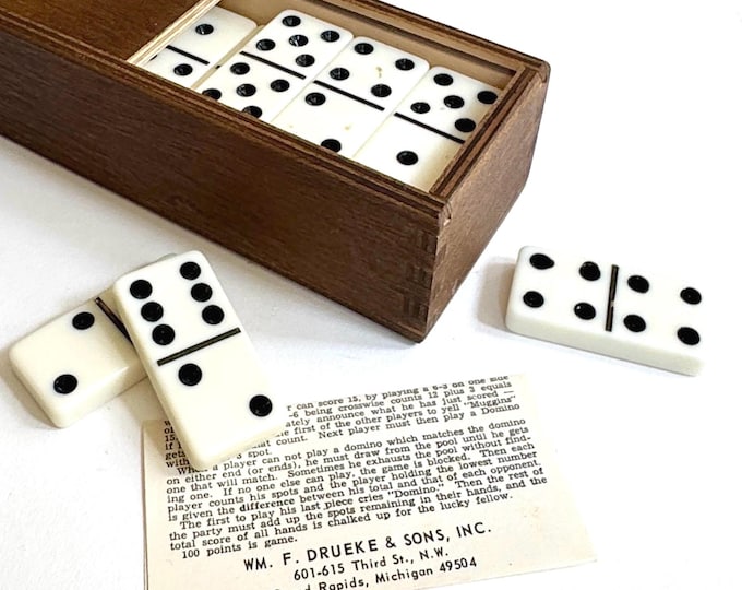 Mid Century Domino Set Vintage WM F. Drueke & Sons Dominos in Original Case Retro Tile Games