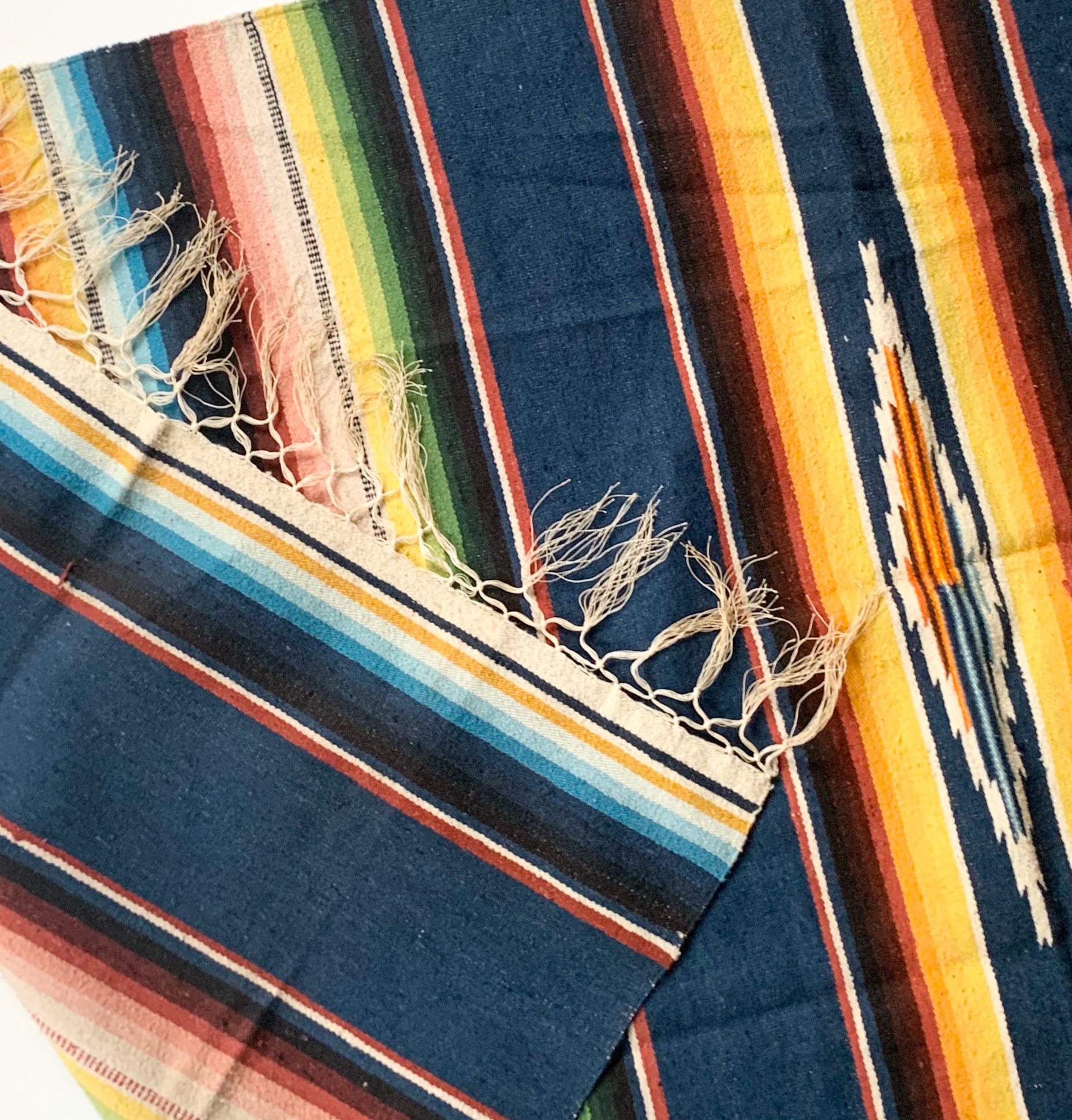 60s Mexican Serape Throw Blanket Runner Mat Handwoven Cotton Textile