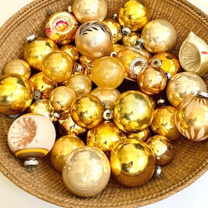 Vintage Gold Glass Ornament Lot 43 Glass Bulbs Aged Worn Patina Gold Rose Gold Rust Peach Silver Glitter Indent UFO Mid Century Christmas