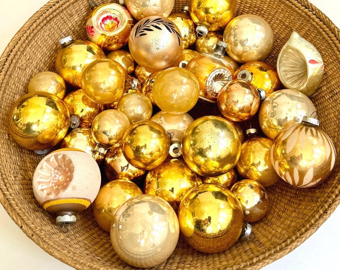 Vintage Gold Glass Ornament Lot 43 Glass Bulbs Aged Worn Patina Gold Rose Gold Rust Peach Silver Glitter Indent UFO Mid Century Christmas