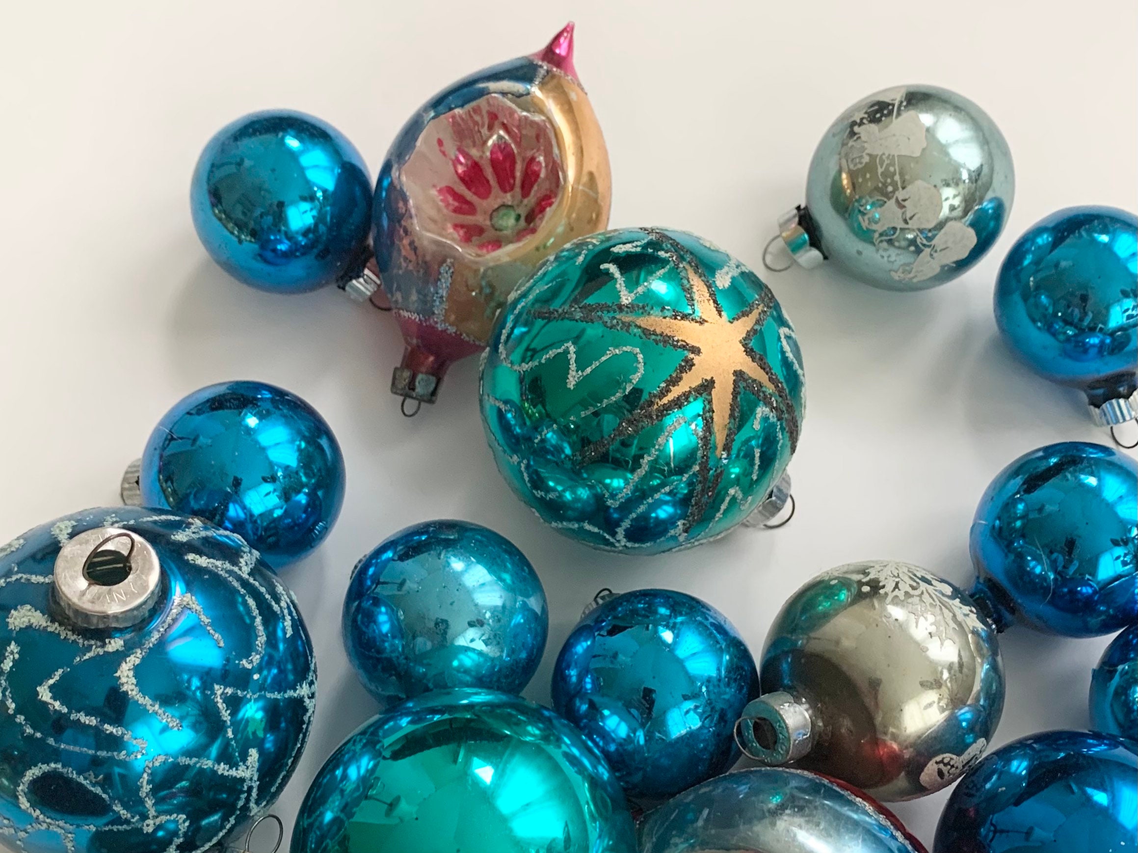 Vintage Blue Glass Ornaments Mixed Lot of 24 Blue Aqua Turquoise Silver ...