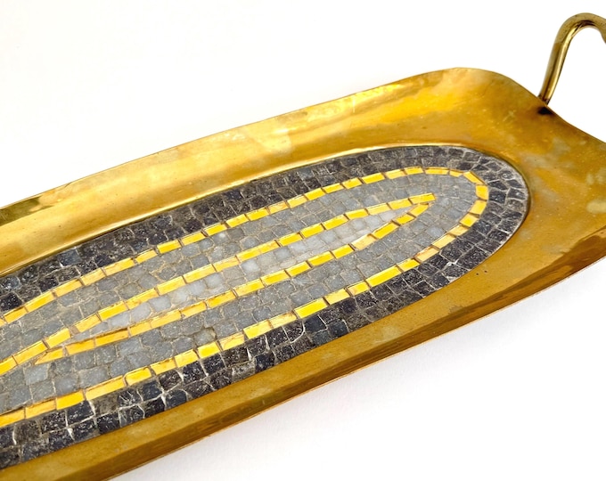 Salvador Terán Brass Tray Mid Century Vintage Slate Gray Gold Glass Mosaic Inlay Oblong Oval Shape Aged Solid Brass Modernist Decorative