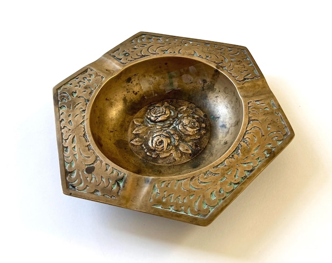 Vintage Solid Brass Ashtray Floral Rose Embossed Hexagon Trinket Dish