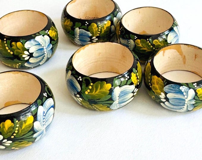 Vintage Napkin Holder Ring Set of 6 Signed and Hand Painted Napkin Holders Rings Blue Green White Flowers Folk Art Southwest Dining Table