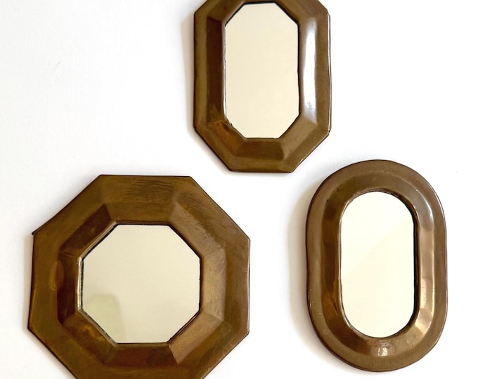 Vintage Moroccan Brass Mirror Set of 3 Mirrors Vintage Oval Octagonal Brass Framed Mirrors Made in Morocco Small Wall Mount Grouping