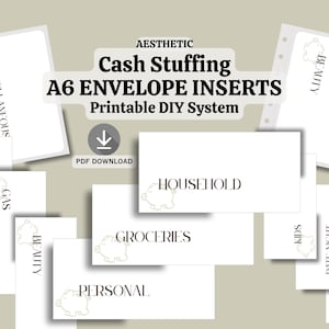 May include: White A6 envelope inserts for cash stuffing, labeled with categories like "Groceries" and "Household." The design includes a piggy bank graphic and the text "Cash Stuffing A6 Envelope Inserts Printable DIY System."