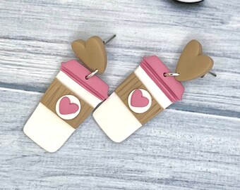 Latte of Love Pink and Cream Coffee Cups with Hearts Handmade Polymer Clay Dangle Earrings
