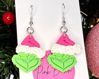 Grinch - Hot Pink Grinch - Bright Green Grinch Hat - Handmade Polymer Clay Earrings