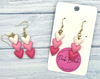 Pink Ombre Puffy Heart Handmade Polymer Clay Dangle Earrings for Valentine's Day