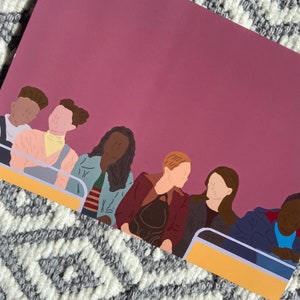 May include: A digital illustration of a group of people sitting on a yellow bench. The people are all facing forward and have different hair colors and styles. The background is a solid pink color.