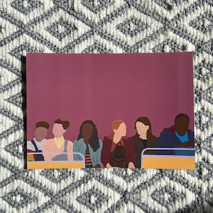 May include: A digital illustration of seven people sitting on a bench. The people are all wearing different clothes and have different hairstyles. The background is a solid purple color.