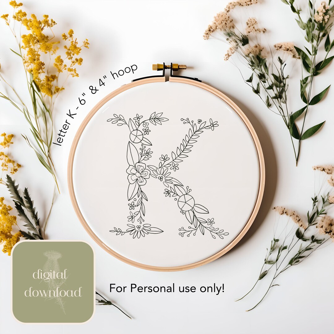Patterned K Letter Floral Letter K Hand Embroidery Pattern for 6 and 4 Inch Hoop Whimsical ...