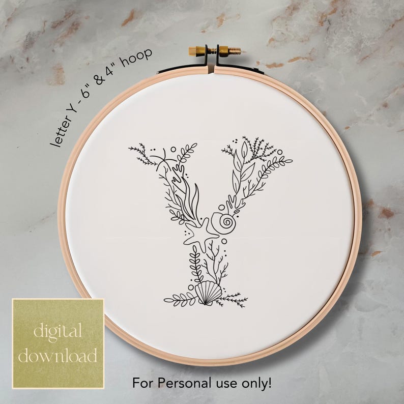 Mermaid Letter Y Hand Embroidery Pattern: Sea Theme (digital Download ...