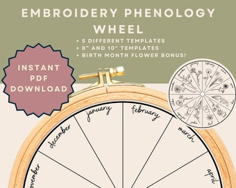 Phenology Wheel Embroidery Template, Instant Download with 5 templates and bonus birth month flower designs, embroidery journal