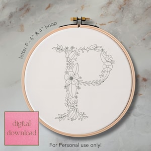 Patrón de bordado a mano con letra floral P para aro de 6 y 4 pulgadas; Patrón digital floral caprichoso, Descarga instantánea con guía de puntadas y colores