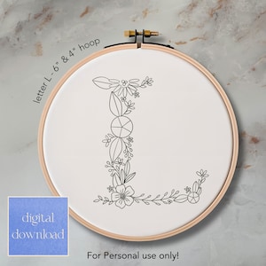 Patrón de bordado a mano de letra floral L para aro de 6 y 4 pulgadas; Patrón digital floral caprichoso, descarga instantánea con guía de puntadas y colores
