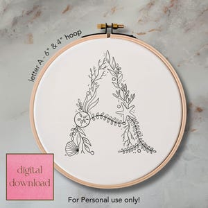 Padrão de bordado à mão da letra A da sereia para bastidor de 6 e 4 polegadas; Padrão digital com tema de mar, download instantâneo com guia de pontos e cores