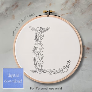 Patrón de bordado a mano con la letra L de sirena para aro de 6 y 4 pulgadas; patrón digital con temática marina, descarga instantánea con guía de puntadas y colores