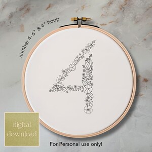 Floral Number 4 Hand Embroidery Pattern for 6 and 4 Inch Hoop; Whimsical Floral Digital Pattern, Instant Download with Stitch & Color Guide