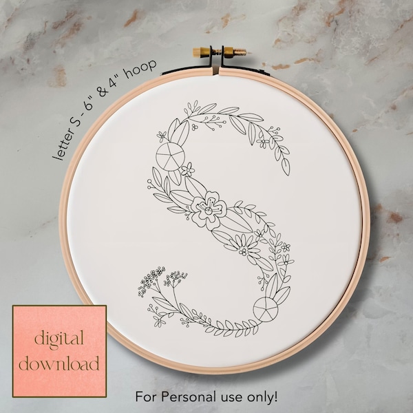 Floral Buchstabe S Stickmuster, zauberhaftes Design (Digitaler Download)