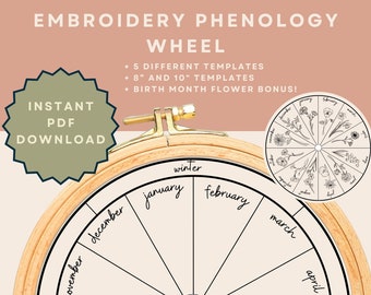 Phenology Wheel Embroidery Template, Instant Download with 5 templates and bonus birth month flower designs, embroidery journal