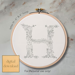 Padrão de bordado à mão com letra floral H para aro de 6 e 4 polegadas; Padrão digital floral caprichoso, download instantâneo com ponto e guia de cores