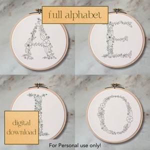 Padrão de bordado à mão com alfabeto completo floral para aro de 6 e 4 polegadas; Padrão digital floral caprichoso, download instantâneo, ponto e guia de cores