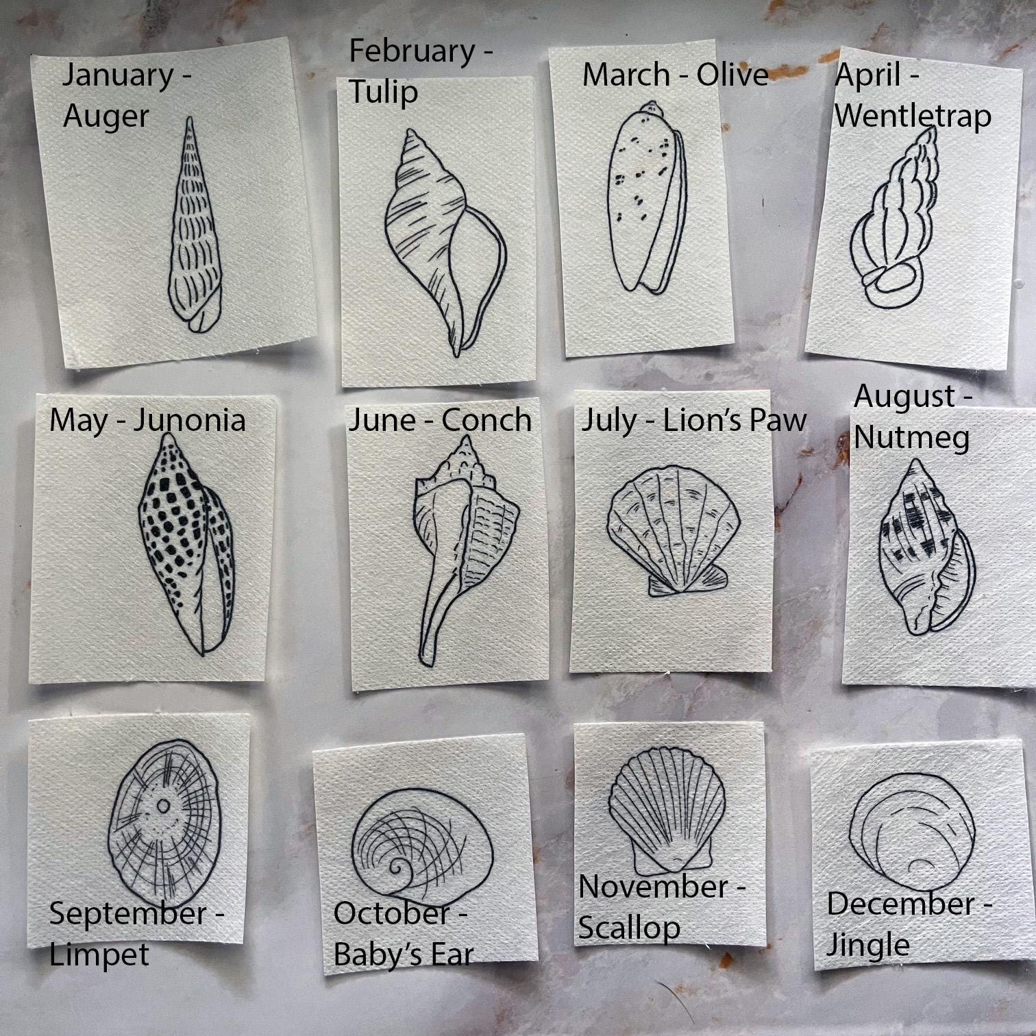 Birth month shells stick and stitch hand embroidery patterns