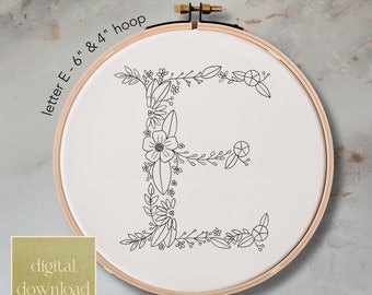 Floral Letter E Embroidery Pattern: Whimsical Design (Digital Download)