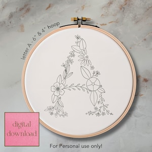 Letra floral A padrão de bordado à mão para aro de 6 e 4 polegadas; Padrão digital floral caprichoso, download instantâneo com ponto e guia de cores