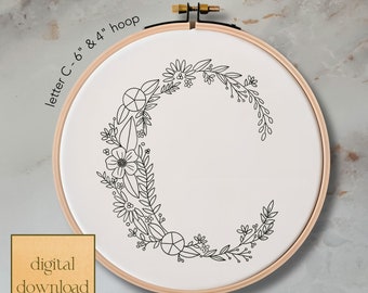 Floral Letter C Hand Embroidery Pattern: Whimsical Design (Digital Download)