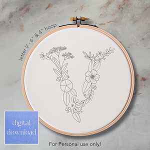 Patrón de bordado a mano de letra V floral para aro de 6 y 4 pulgadas; Patrón digital floral caprichoso, descarga instantánea con guía de puntadas y colores